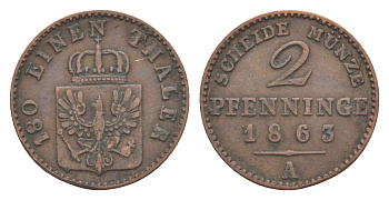 Пруссия 2 пфеннига 1863 A, Вильгельм I (1861-1888) KM 481, Jaeger 51, AKS 107, Olding 425 медь 4651-256