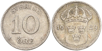 Швеция 10 эре 1929 G, Густав V (1907-1950) KM 780 серебро 4147-834