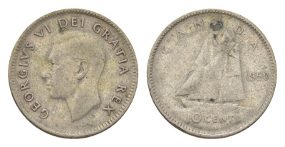 Канада 10 центов 1950 Георг VI (1936-1952) KM 43 серебро 4623-863