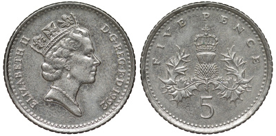 Великобритания 5 пенсов 1992 Елизавета II (1952-2022) KM 937b, Spink 4372 (D4) медно-никель 4124-651