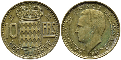 Монако 10 франков 1951 Ренье III (1949-2005) KM 130 алюминиевая бронза 4364-1245