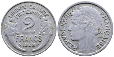 Франция 2 франка 1949 В, тип Morlon KM 886а.2, Le Franc 269.15 алюминий 08-1231