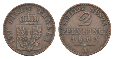 Пруссия 2 пфеннига 1863 A, Вильгельм I (1861-1888) KM 481, Jaeger 51, AKS 107, Olding 425 медь 4651-256
