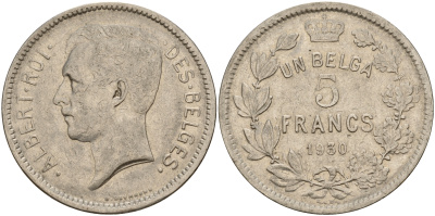 Бельгия 5 франков 1930 Belges KM 97.1 никель    4157-816
