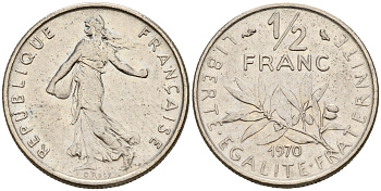 Франция 1/2 франка 1970  KM 931.1 никель    4189-237