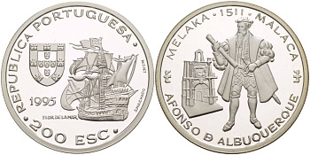 Португалия 200 эскудо 1995 Афонсу де Албукерки, захват Малакки в 1511 году KM 681а серебро PROOF 1081-6-52