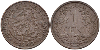 НИДЕРЛАНДЫ 1 ЦЕНТ 1940 ВИЛЬГЕЛЬМИНА (1890-1948) KM 152 бронза 100-1215
