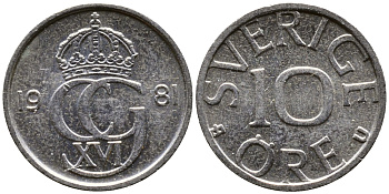 Швеция 10 эре 1981 U Карл XVI Густав (1973- ) KM 850 медно-никель 26-454