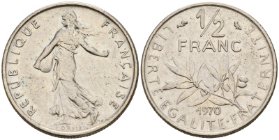 Франция 1/2 франка 1970  KM 931.1 никель    4189-237