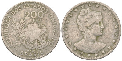 Бразилия 200 реалов 1901 MCMI, голова свободы вправо KM 504 медно-никель 4612-336