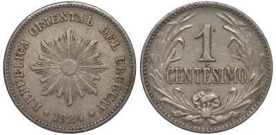 Уругвай 1 сентесимо 1924 KM 19 медно-никель 4169-633