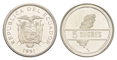 Эквадор 5 сукре 1991 KM 91.2 сталь плакированная никелем UNC 4640-1243