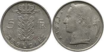 БЕЛЬГИЯ 5 ФРАНКОВ 1973 BELGIE KM 135.1 медно-никель 98-556
