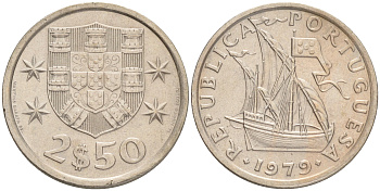 ПОРТУГАЛИЯ 2,5 ЭСКУДО 1979 ПАРУСНИК KM 590 медно-никель 192-814