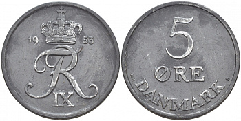 Дания 5 эре 1953 N; S, Фредерик IX KM 843.1 цинк 4545-314