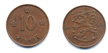 Финляндия 10 пенни 1929 республика (1918-1962) KM 24 медь 46-1647