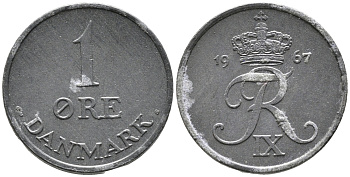 ДАНИЯ 1 ЭРЕ 1967 C; S, ФРЕДЕРИК IX (1947-1972) KM 839.2 цинк 100-647