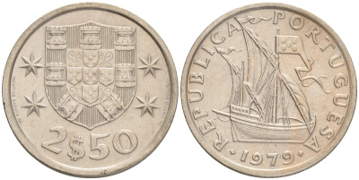 ПОРТУГАЛИЯ 2,5 ЭСКУДО 1979 ПАРУСНИК KM 590 медно-никель 192-814
