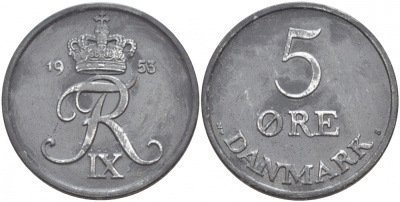Дания 5 эре 1953 N; S, Фредерик IX KM 843.1 цинк 4545-314
