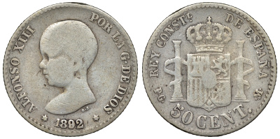Испания 50 сентимо 1892 P.G-M, Альфонсо XIII KM 690 серебро 4115-432