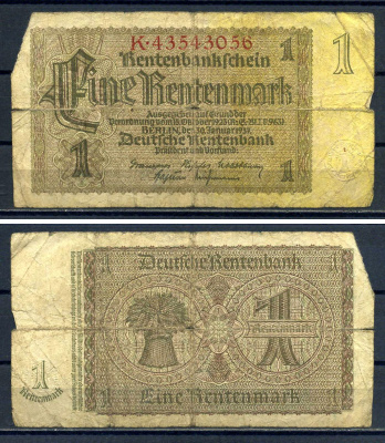Германия 1 рентенмарка 1937 Pick 173 b бумага 8621-39-2-1