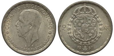 Швеция 2 кроны 1950 TS, Густав V (1907-1950) KM 815 серебро 221-623