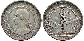 САН-МАРИНО 5 ЛИР 1932 KM 9 серебро 1521-133