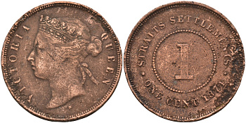 Стрейтс-Сетлментс 1 цент 1874 Виктория (1837-1901), Ост-Индская компания KM 9 медь 4590-342