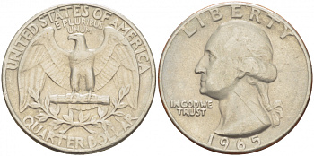 США 25 центов (квотер) 1965 Вашингтон KM 164a медь плакированная медно-никелем 213-1234