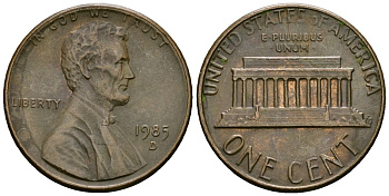 США 1 цент 1985 D, Линкольн KM 201b цинк плакированный медью 4136-257