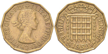 Великобритания 3 пенса 1959 Елизавета II (1952-2022) KM 900, Spink 4153 никель латунь 4614-818