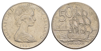 Новая Зеландия 50 центов 1981 Елизавета II (1952-2022), парусник Индевор KM 37 медно-никель 4645-623
