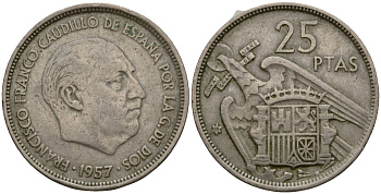 Испания 25 песет 1957 (59) KM 787 медно-никель 92-251