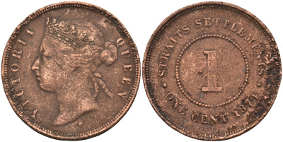 Стрейтс-Сетлментс 1 цент 1874 Виктория (1837-1901), Ост-Индская компания KM 9 медь 4590-342