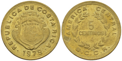 КОСТА-РИКА 5 СЕНТИМО 1979 g KM 184.3а латунь 66-543