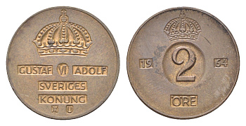 Швеция 2 эре 1964 TS Густав VI Адольф (1950-1973) KM 821 бронза 4705-916