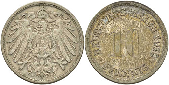 ГЕРМАНИЯ 10 ПФЕННИГОВ 1912 F KM 12, J. 13, Weege 8 медно-никель 212-222
