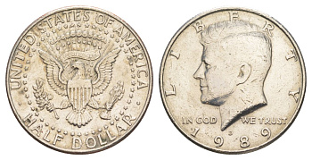 США 1/2 доллара (50 центов) 1989 D, Джон Кеннеди KM A202b медь плакированная медно-никелем aUNC 4367-945