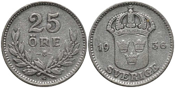Швеция 25 эре 1936 G, Густав V (1907-1950) КМ 785 серебро 201-1053