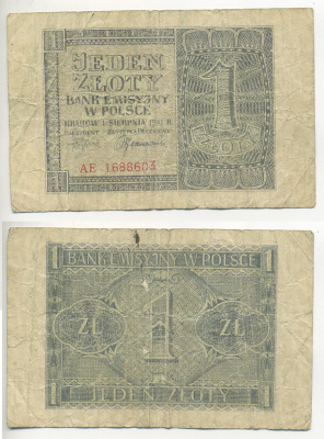 Польша 1 злотый  1941 1 августа 1941, Эмиссионный банк в Польше (немецкая оккупация) Pick 99  бумага 7220-41-1