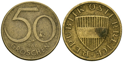 Австрия 50 грошей 1960 KM 2885 алюминиевая бронза 4136-747