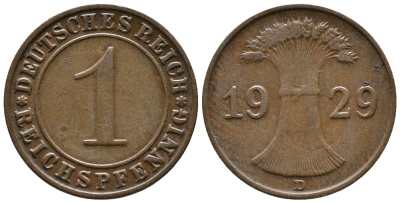 ГЕРМАНИЯ 1 РЕЙХСПФЕННИГ 1929 D KM 37, J. 313 бронза 39-1028