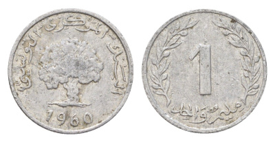 Тунис 1 миллим 1960 год-тип, пробковый дуб KM 280 алюминий 4705-649