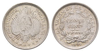 Боливия 20 сентаво 1894 KM 159.2 серебро 1519-634