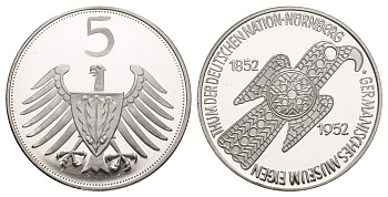 ФРГ медаль "100 лет Нюрнбергскому музею", реверс - реплика монеты 5 марок 1952 белый металл PROOF 4527-213