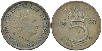 НИДЕРЛАНДЫ 5 ЦЕНТОВ 1970 ЮЛИАНА (1948-1980) KM 181 бронза 213-1056
