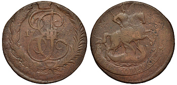 Россия 2 копейки 1788 ММ, Екатерина II (1762-1796), перечекан из 4 копеек Биткин 537 медь 1096-3-61