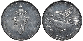 Ватикан 100 лир 1971 голубь, папа Павел VI (1963-1978) KM 122 нержавеющая сталь UNC 4579-643