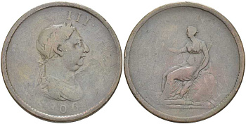 Великборитания 1 пенни 1806 Георг III (1760-1820) Spink 3780, KM 663 медь 97-936