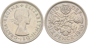 Великобритания 6 пенсов 1960 Елизавета II (1952-2022) KM 903, Spink 4149 медно-никель 4588-1239